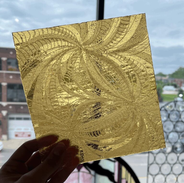 Project example for “Layer, Line, and Luster: The Multi-Fire Glass Journey” glass square panel. Project example for "Layer, Line, and Luster: The Multi-Fire Glass Journey". Image by Belger Arts