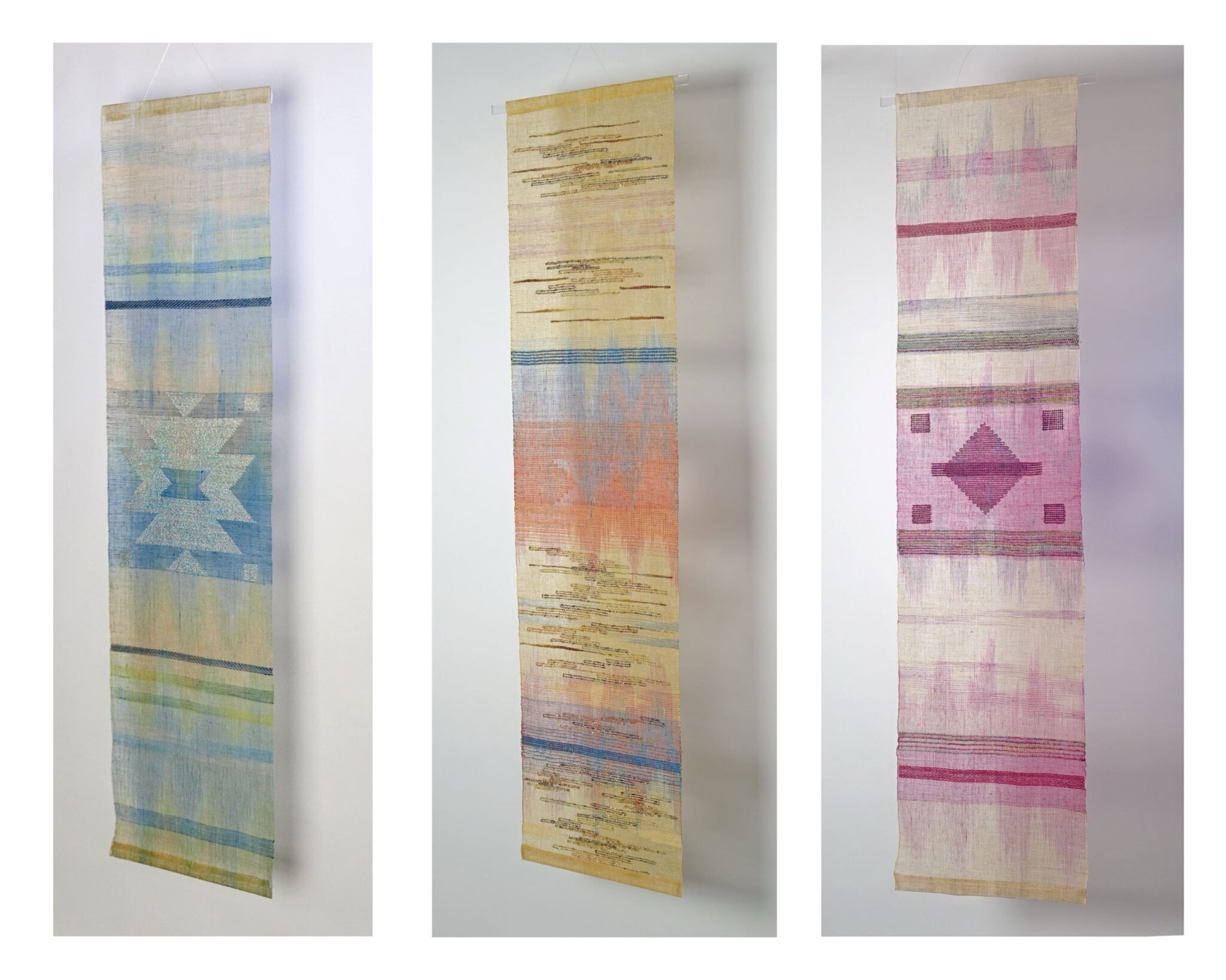 "Whispers From the Past Trilogy" features three transparent weavings with blues, oranges, and pinks creating geometric designs. Courtesy of Rebecca Smith