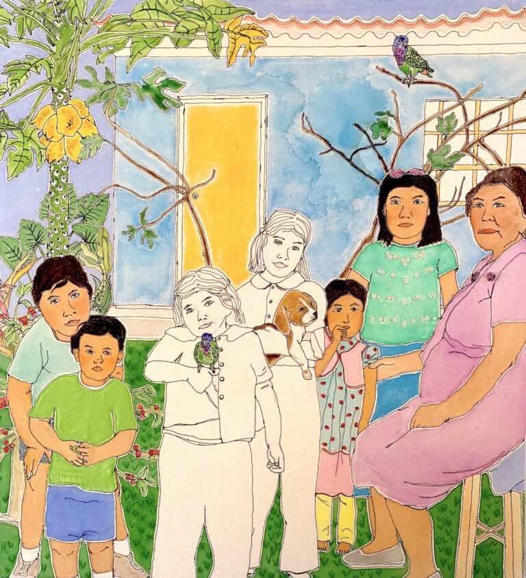 Perla Segovia, "Immigrants’ Void Cusco, Quillabama," 2018 Embroidered natural canvas, cotton thread, appliqué fabrics, watercolor