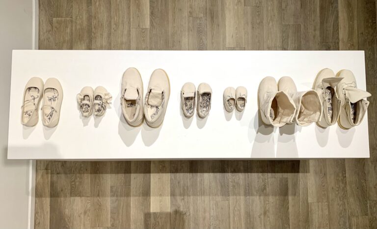 Perla Segovia, “Retablo de Imágenes y Memorias II, Imago Dei”, 2022 Handmade embroidered shoes Perla Segovia, "Retablo de Imágenes y Memorias II, Imago Dei", 2022 Handmade embroidered shoes. Courtesy of the Artist