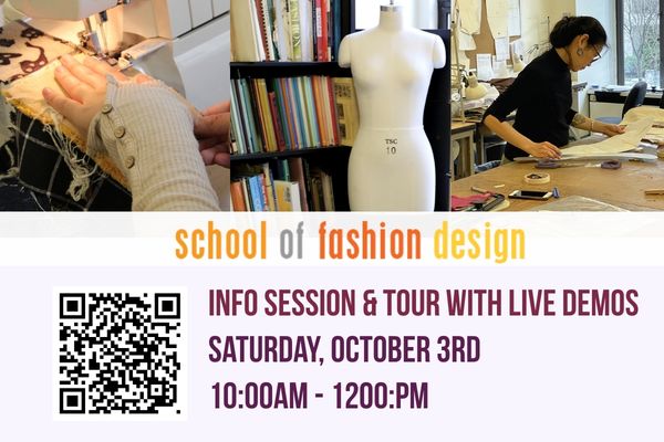 3 photos: Hands at sewing machine, dress form in front of bookshelf, and student at patternmaking table. SFD