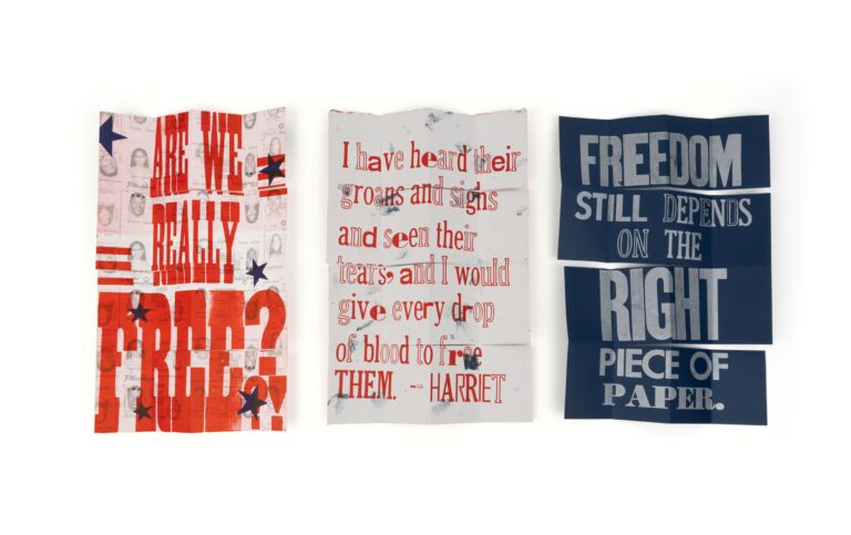 Sarah Matthews, Freedom Papers, 2025, Letterpress, fabric, 7”h X 5”w x 1.5”d, Courtesy of the Cynthia Sears Artists’ Books Collection Sarah Matthews, Freedom Papers, 2025, Letterpress, fabric, 7”h X 5”w x 1.5”d, Courtesy of the Cynthia Sears Artists’ Books Collection, Photo by Laura Zander