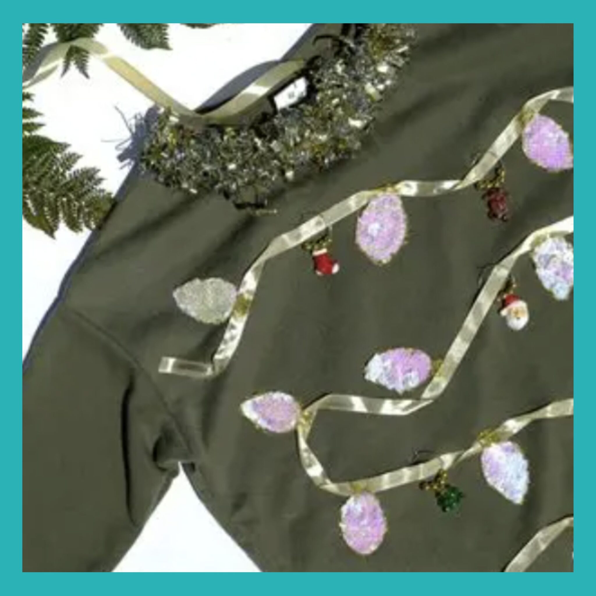 Green sweater with holiday ribbon and tulle. SFD
