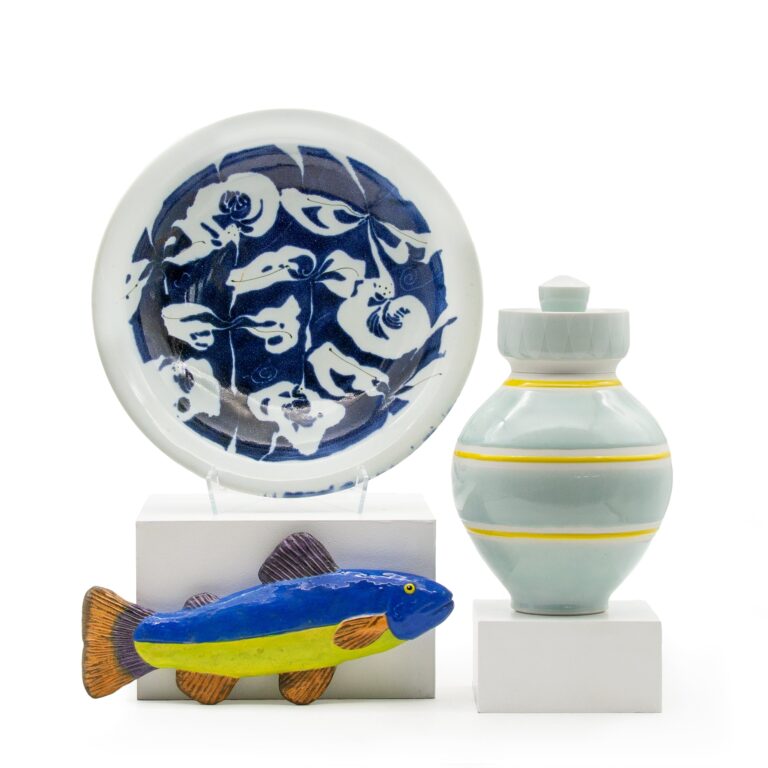 Platter by Deborah Wald; Lidded Jar by Paul Donnelly; Victor’s Fish by Marilyn Lysohir Platter by Deborah Wald; Lidded Jar by Paul Donnelly; Victor's Fish by Marilyn Lysohir. Photo by Belger Arts