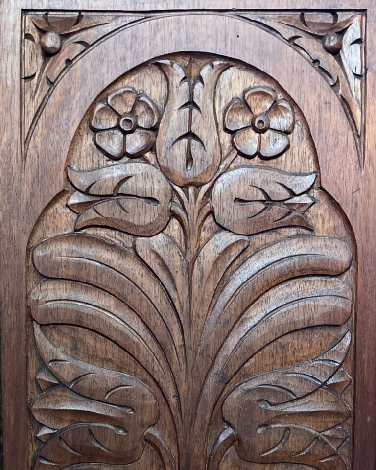 Wood carving created by Rose Nichols Wood carving created by Rose Nichols. Nichols House Museum